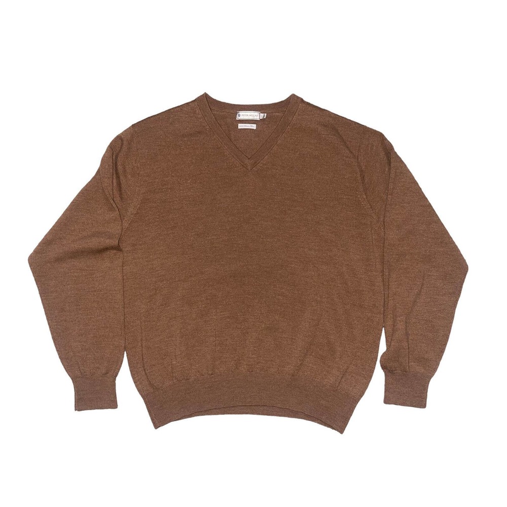 Peter Millar Sweater Mens Large Brown Knit Pullover V-Neck 100% Merino Wool Golf